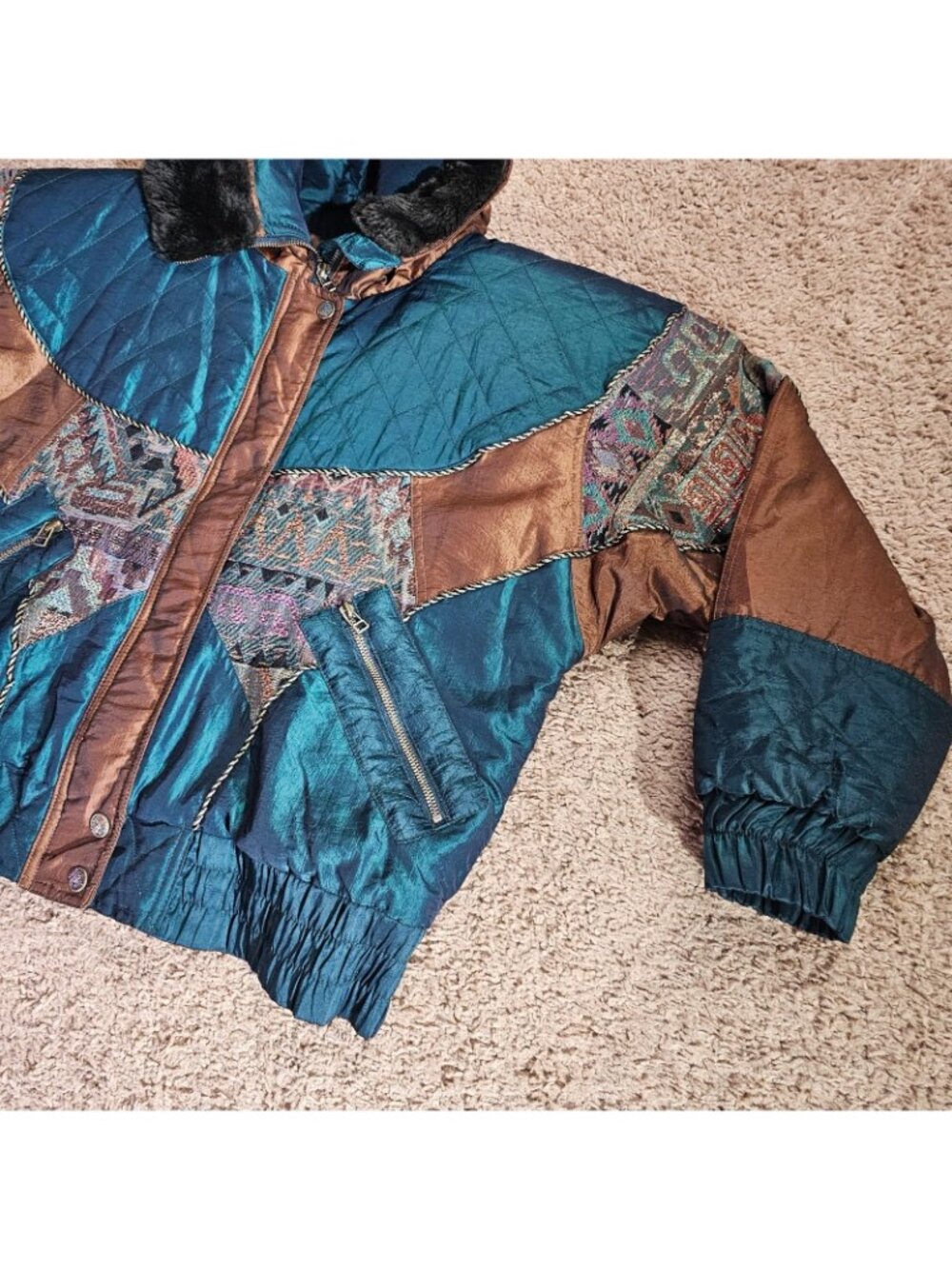 Vintage East West Coat Womens M Quilted Hood Faux Fur Trim Jacket Boho Y2K - Picture 9 of 14